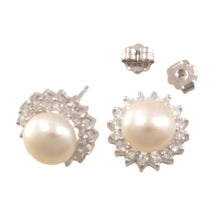 Load image into Gallery viewer, Sterling Silver White Pearl &amp; Cubic Zirconia Stud Earrings – Halo Design