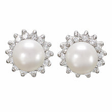 Load image into Gallery viewer, Sterling Silver White Pearl &amp; CZ Stud Earrings – Classic Halo Style