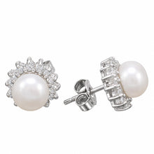 Load image into Gallery viewer, Sterling Silver White Pearl &amp; CZ Stud Earrings – Classic Halo Style