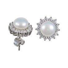 Load image into Gallery viewer, Sterling Silver White Pearl &amp; CZ Stud Earrings – Classic Halo Style