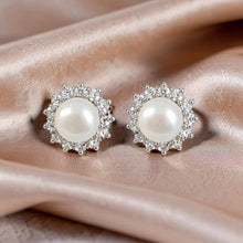 Load image into Gallery viewer, Sterling Silver White Pearl &amp; CZ Stud Earrings – Classic Halo Style