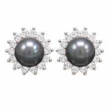 Load image into Gallery viewer, Sterling Silver Black Pearl &amp; CZ Stud Earrings – Traditional Round