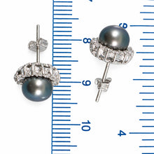 Load image into Gallery viewer, Sterling Silver Black Pearl &amp; CZ Stud Earrings – Traditional Round