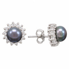 Load image into Gallery viewer, Sterling Silver Black Pearl &amp; CZ Stud Earrings – Traditional Round