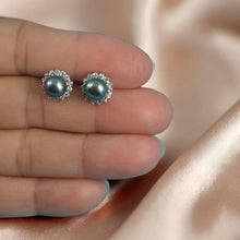 Load image into Gallery viewer, Sterling Silver Black Pearl &amp; CZ Stud Earrings – Traditional Round