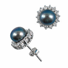 Load image into Gallery viewer, Sterling Silver Black Pearl &amp; CZ Stud Earrings – Traditional Round