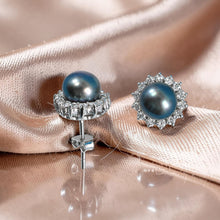 Load image into Gallery viewer, Sterling Silver Black Pearl &amp; CZ Stud Earrings – Traditional Round