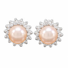 Load image into Gallery viewer, Sterling Silver Pink Pearl &amp; CZ Stud Earrings – Classic Halo Design