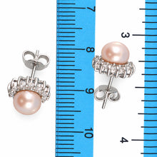 Load image into Gallery viewer, Sterling Silver Pink Pearl &amp; CZ Stud Earrings – Classic Halo Design