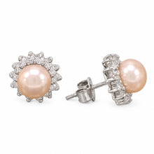 Load image into Gallery viewer, Sterling Silver Pink Pearl &amp; CZ Stud Earrings – Classic Halo Design