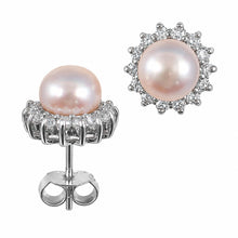 Load image into Gallery viewer, Sterling Silver Pink Pearl &amp; CZ Stud Earrings – Classic Halo Design