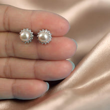 Load image into Gallery viewer, Sterling Silver Pink Pearl &amp; CZ Stud Earrings – Classic Halo Design