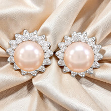 Load image into Gallery viewer, Sterling Silver Pink Pearl &amp; CZ Stud Earrings – Classic Halo Design