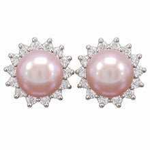 Load image into Gallery viewer, Sterling Silver Lavender Pearl &amp; CZ Stud Earrings – Classic Halo