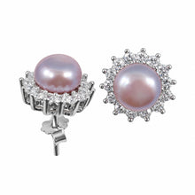 Load image into Gallery viewer, Sterling Silver Lavender Pearl &amp; CZ Stud Earrings – Classic Halo