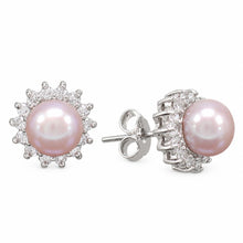 Load image into Gallery viewer, Sterling Silver Lavender Pearl &amp; CZ Stud Earrings – Classic Halo