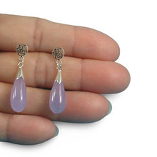 Load image into Gallery viewer, Solid Silver 925 Oriental Raindrop Lavender Jade Dangle Stud Earrings