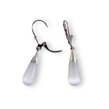 Load image into Gallery viewer, Solid Sterling Silver 925 White Cat’s Eye Raindrop Leverback Earrings