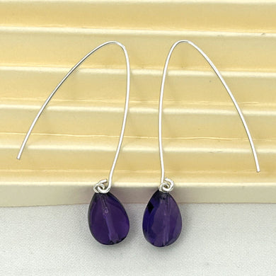 9110840 SILVER 925 V SHAPED WIRE FACETED AMETHYST DANGLE HOOK EARRINGS