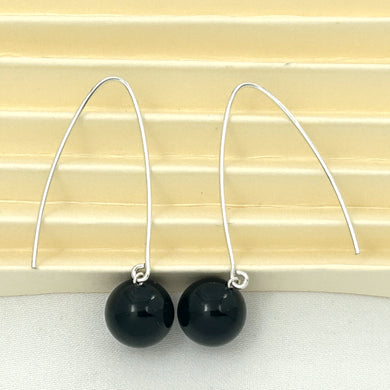 9110861 SILVER 925 V SHAPED WIRE BLACK ONYX DANGLE HOOK EARRINGS