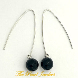 9110881 SILVER 925 V SHAPED WIRE FACETED BLACK ONYX DANGLE HOOK EARRINGS