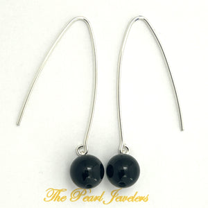 9110891 SILVER 925 V SHAPED WIRE BLACK ONYX DANGLE HOOK EARRINGS