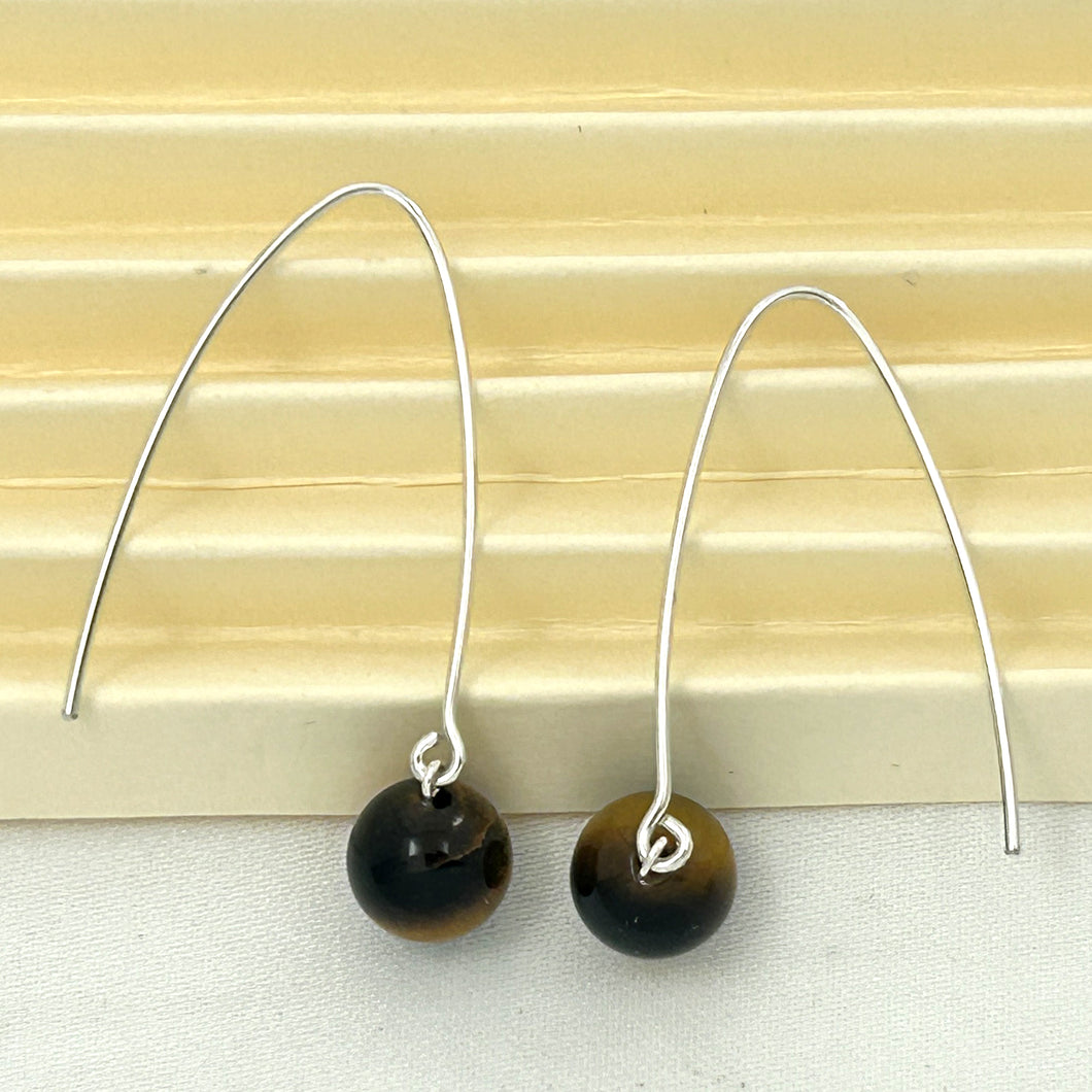 9110892 SILVER 925 V SHAPED WIRE TIGER EYE DANGLE HOOK EARRINGS