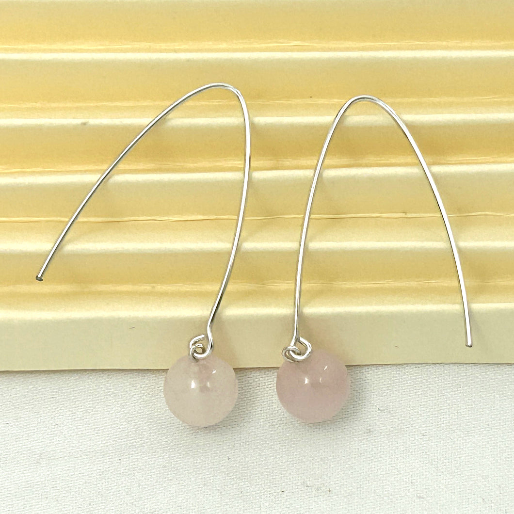 9110896 SILVER 925 V SHAPED WIRE ROSE QUARTZ DANGLE HOOK EARRINGS