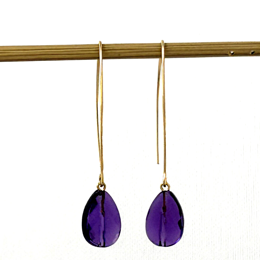 9111840 FACETED AMETHYST 14K GOLD FILLED V SHAPED WIRE DANGLE HOOK EARRINGS