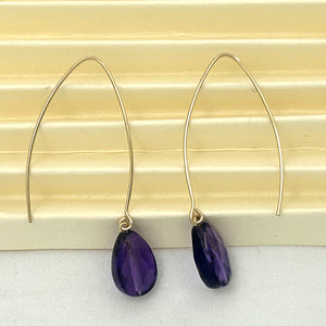 9111840 FACETED AMETHYST 14K GOLD FILLED V SHAPED WIRE DANGLE HOOK EARRINGS