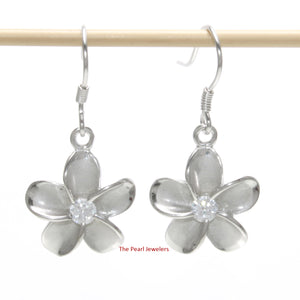 9130060-Solid-Sterling-Silver-Cubic-Zirconia-Plumeria-Dangle-Hook-Earrings