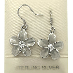 9130060-Solid-Sterling-Silver-Cubic-Zirconia-Plumeria-Dangle-Hook-Earrings