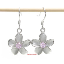 Load image into Gallery viewer, 9130061-Sterling-Silver-925-Plumeria-Pink-Cubic-Zirconia-Hook-Earrings