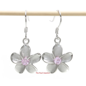 9130061-Sterling-Silver-925-Plumeria-Pink-Cubic-Zirconia-Hook-Earrings