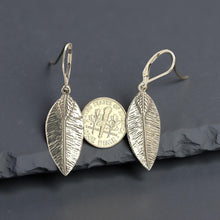 Load image into Gallery viewer, Sterling Silver Leaf Textured Long Drop Dangle Earrings