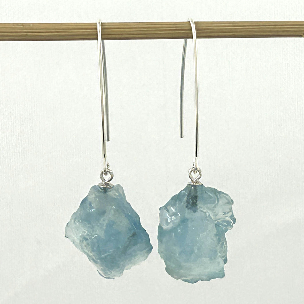 Solid Sterling Silver 925 V-Wire Baroque Rough Aquamarine Earrings