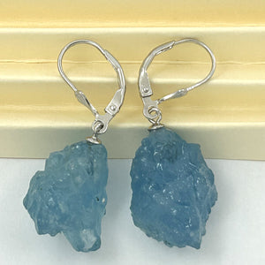 9130790 Silver 925 Leverback Baroque Rough Aquamarine Dangle Earrings