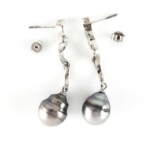 Load image into Gallery viewer, Solid Sterling Silver .925 Two-Tone Tahitian Pearl Dangle Stud Earrings