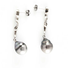 Load image into Gallery viewer, Solid Sterling Silver .925 Two-Tone Tahitian Pearl Dangle Stud Earrings