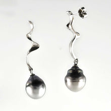 Load image into Gallery viewer, Solid Sterling Silver .925 Two-Tone Tahitian Pearl Dangle Stud Earrings