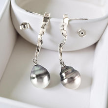 Load image into Gallery viewer, Solid Sterling Silver .925 Two-Tone Tahitian Pearl Dangle Stud Earrings