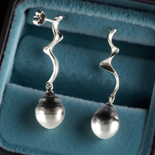 Load image into Gallery viewer, Solid Sterling Silver .925 Two-Tone Tahitian Pearl Dangle Stud Earrings