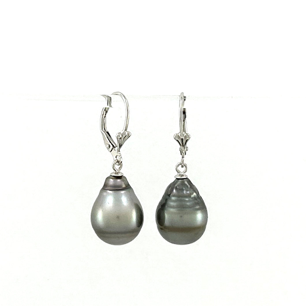 91T0124  GENUINE TAHITIAN BLACK PEARL LEVERBACK DANGLE EARRINGS