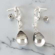 Load image into Gallery viewer, Solid Sterling Silver .925 Smoke-White Tahitian Pearl Dangle Stud Earrings