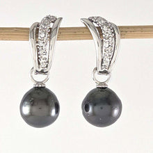 Load image into Gallery viewer, Solid Sterling Silver .925 Black Tahitian Pearl Euro-Back Dangle Earrings