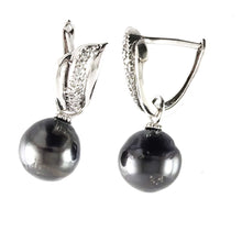 Load image into Gallery viewer, Solid Sterling Silver .925 Black Tahitian Pearl Euro-Back Dangle Earrings