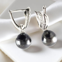 Load image into Gallery viewer, Solid Sterling Silver .925 Black Tahitian Pearl Euro-Back Dangle Earrings