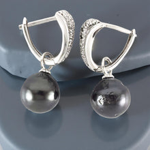 Load image into Gallery viewer, Solid Sterling Silver .925 Black Tahitian Pearl Euro-Back Dangle Earrings