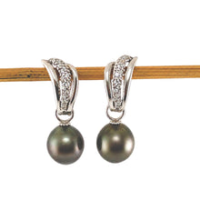 Load image into Gallery viewer, Solid Sterling Silver .925 Black Tahitian Pearl Euro-Back Dangle Earrings