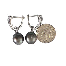Load image into Gallery viewer, Solid Sterling Silver .925 Black Tahitian Pearl Euro-Back Dangle Earrings